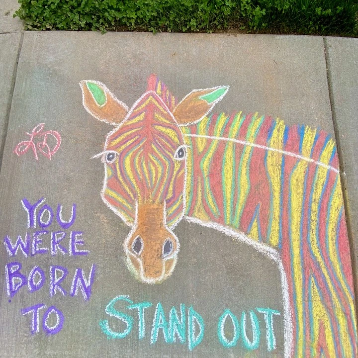 Chalk drawing of a zebra with the words 'You were born to stand out'