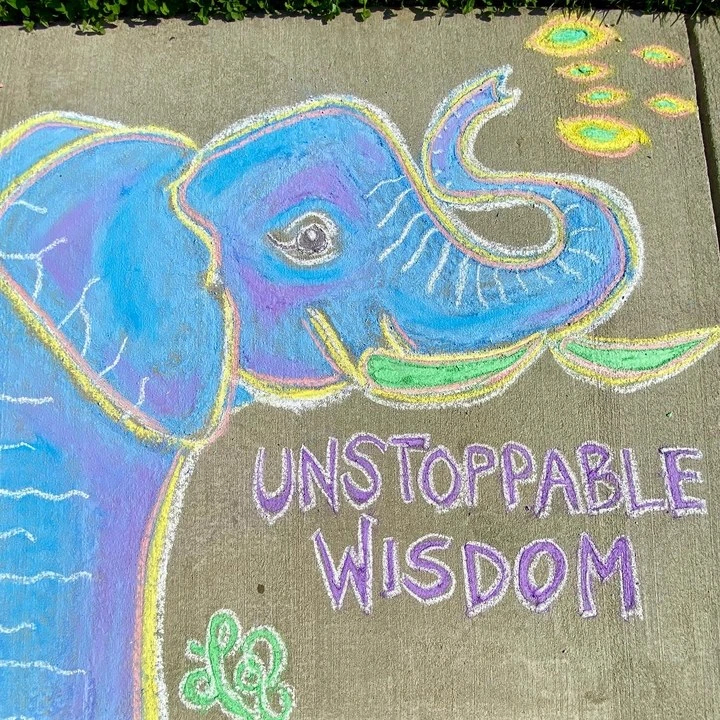 Chalk drawing of an elephant with the words 'Unstoppable wisdom'