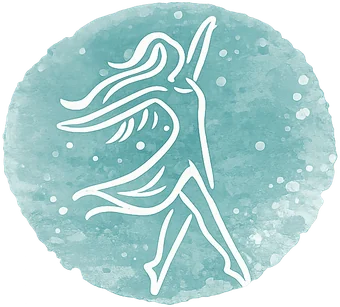 Watercolour patch with a line drawing of a dancing figure