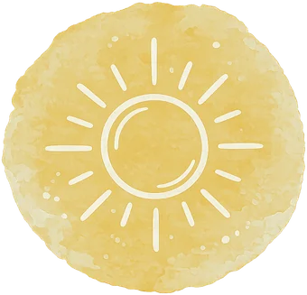 Watercolour patch with a line drawing of a shining sun